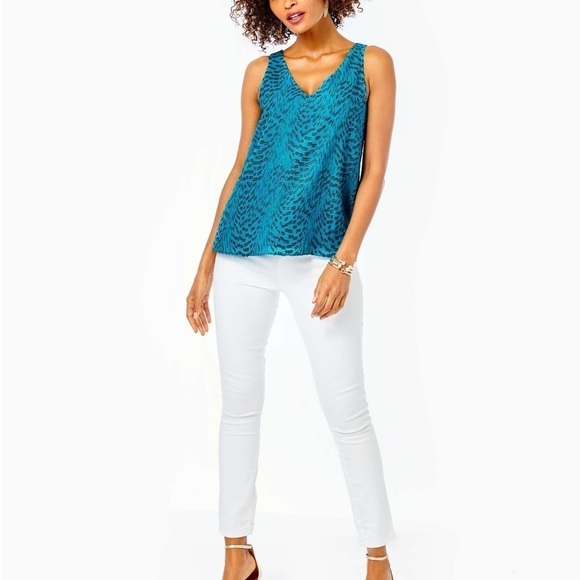 Lilly Pulitzer Florin Silk Top Teal Bay Silk Swirl Clip XXS NWT - Picture 3 of 9